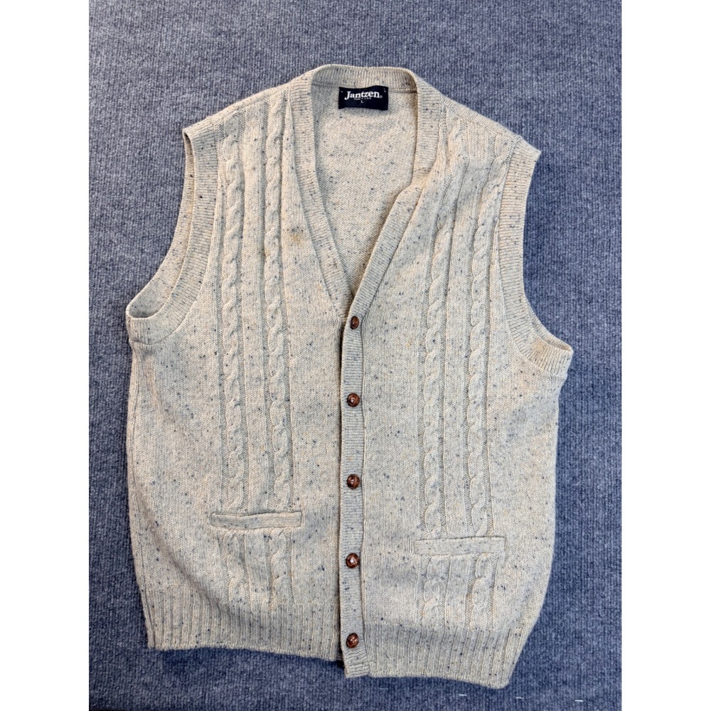 Vintage Jantzen Mens Large Gray Wool Cable Knit Cardigan Vest Made in USA Stains